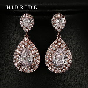 Fashion Women Accessories Micro CZ Stone Pave Drop Earrings AAA Cubic Zirconia Earring White/Rose Gold Color Earrings E-27